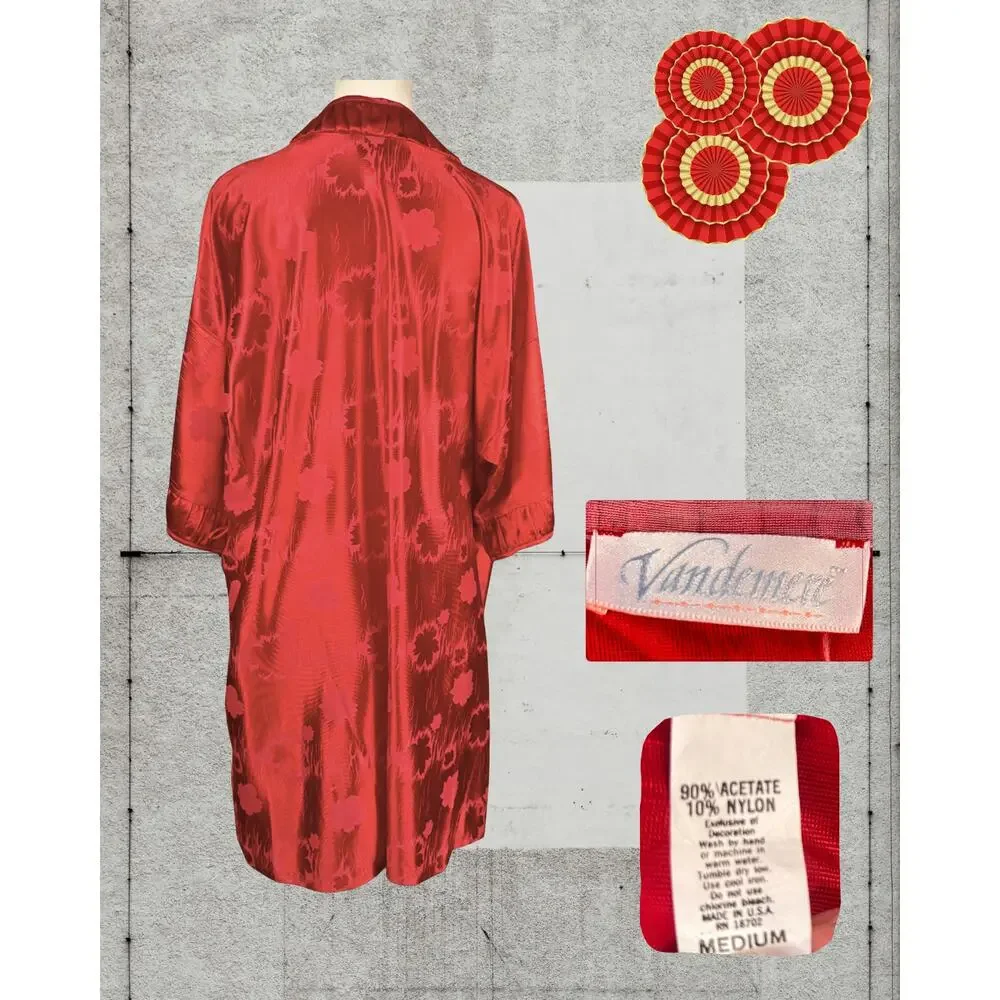 Vintage 80s Vandmere Asian Red Floral Weave Jacquard Cami Nightgown Robe Set M